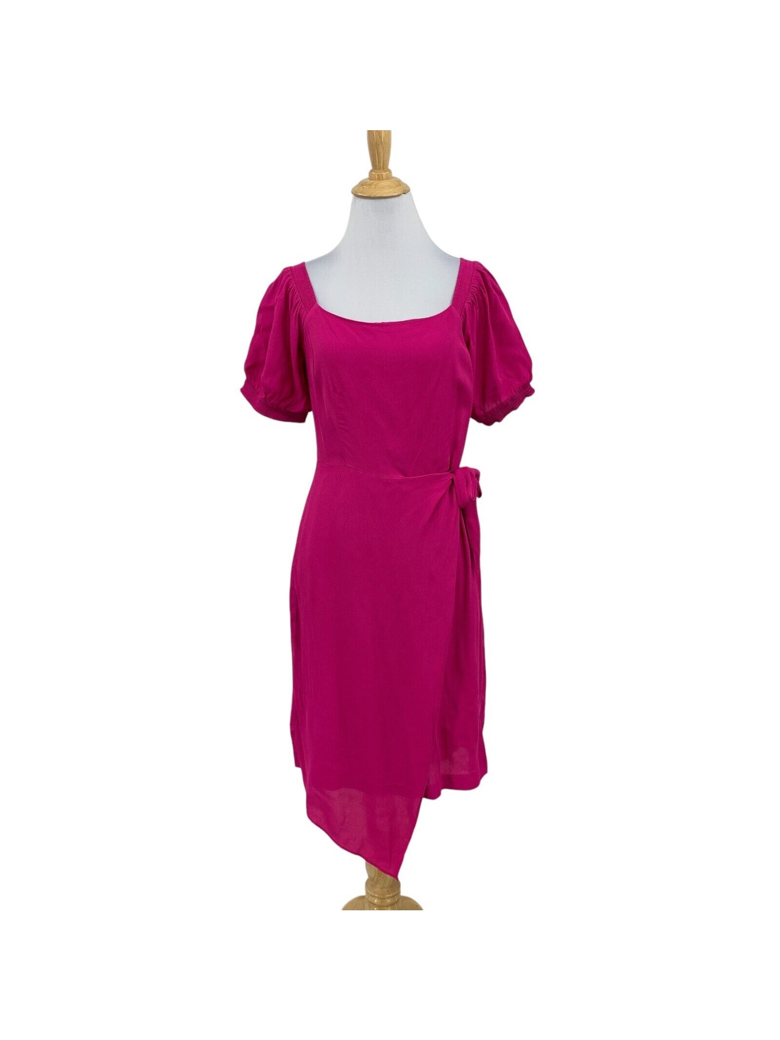 Maeve Dress Women 8 Hot Pink Faux Wrap Skirt Puff Sleeve Back Zip Anthropologie